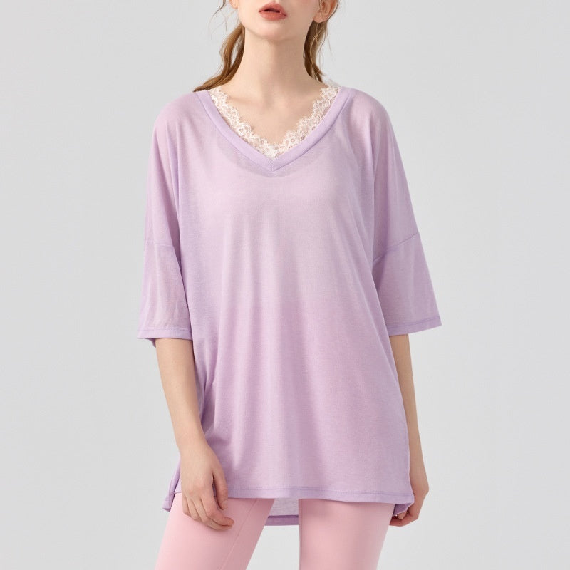 Pilates Yoga Clothes V-neck Lace Solid Color Short Sleeve Blouse