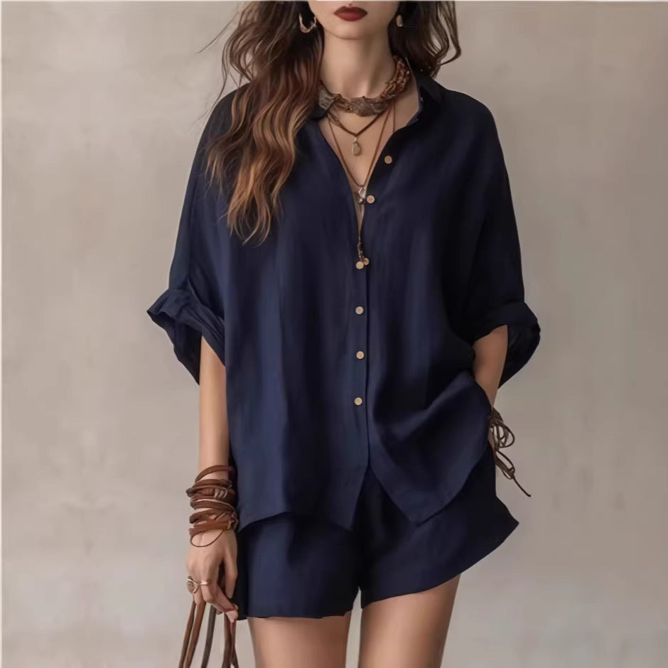 Womens Casual Two-Piece Set Shirt Shorts