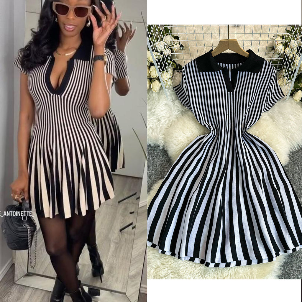 Contrast Color Retro Lapel Short Sleeve Striped Knitted Dress