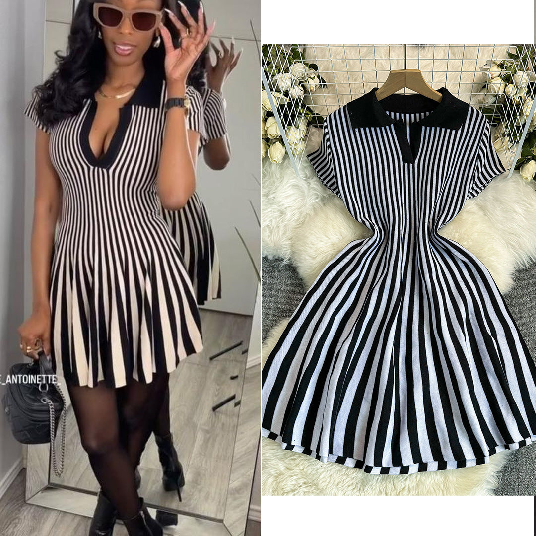 Contrast Color Retro Lapel Short Sleeve Striped Knitted Dress