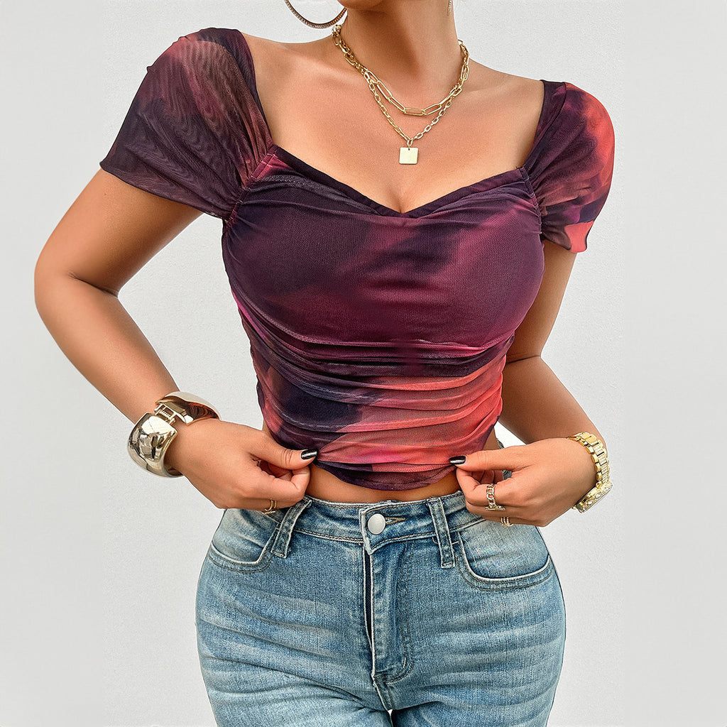 Slim Fit Short Print Fishbone Short Sleeve Top Women's Clothing