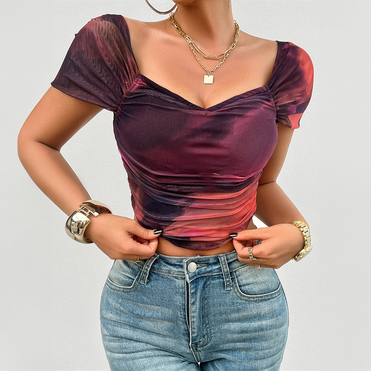 Slim Fit Short Print Fishbone Short Sleeve Top Women's Clothing