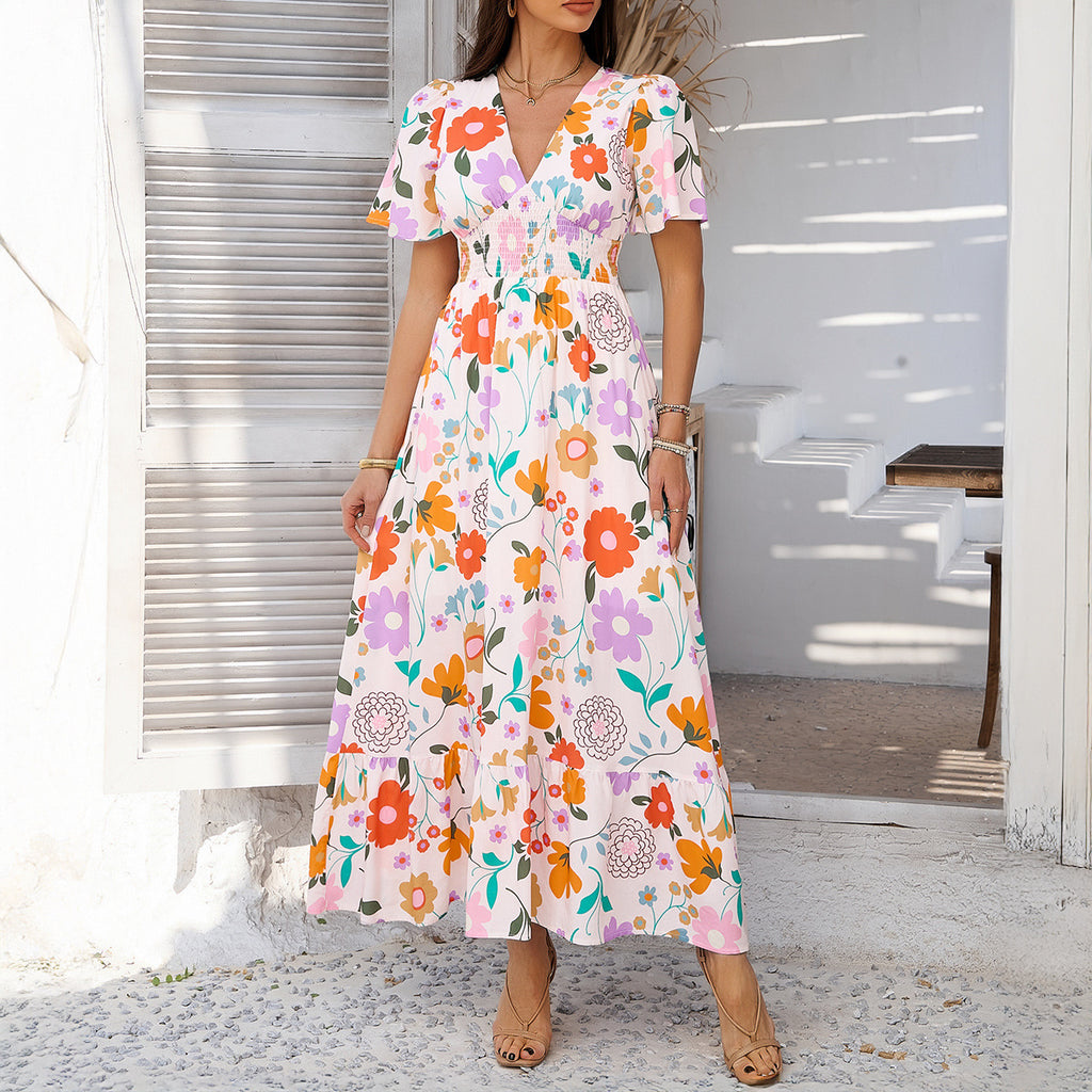 Casual Vacation Style Printed Contrast Color V-neck