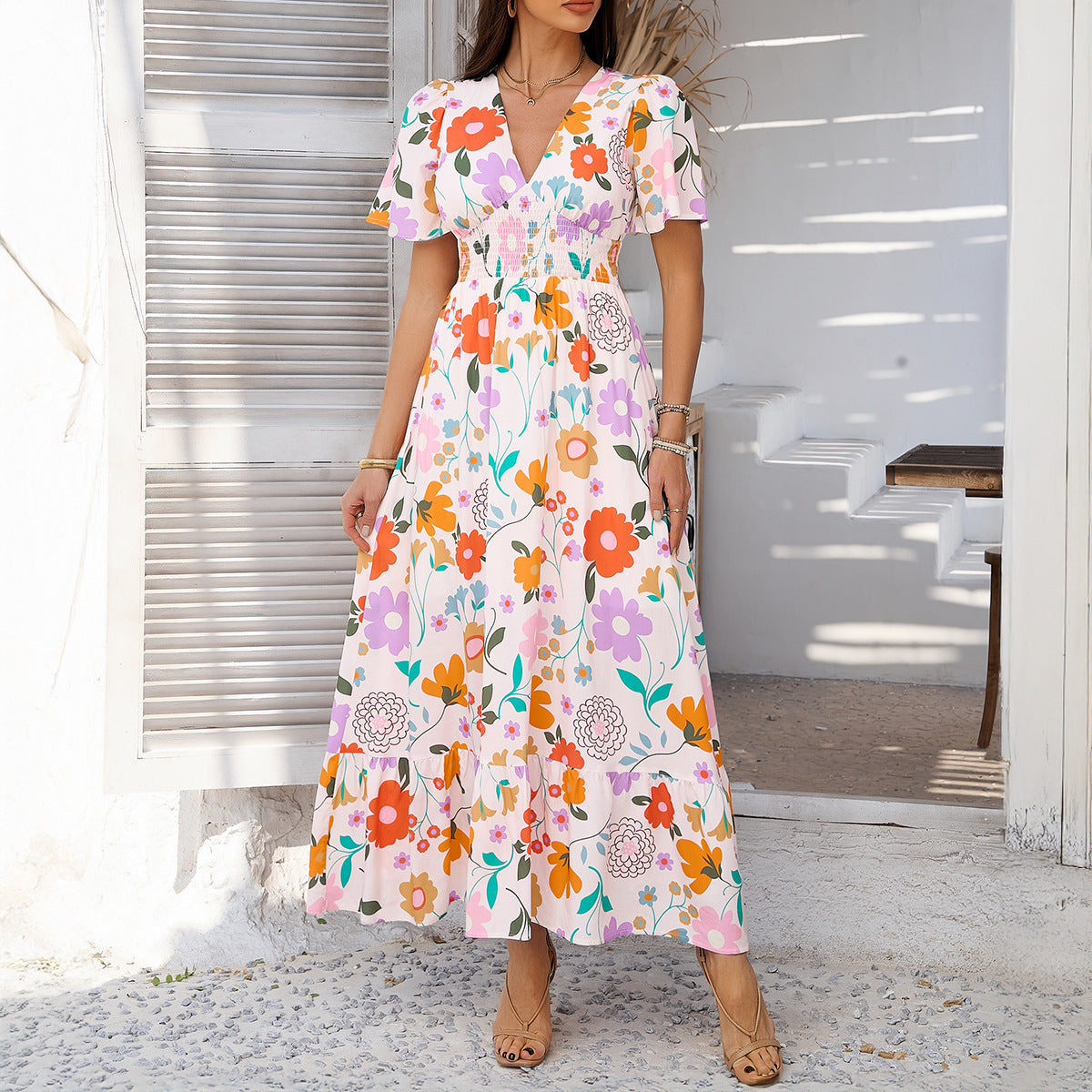 Casual Vacation Style Printed Contrast Color V-neck