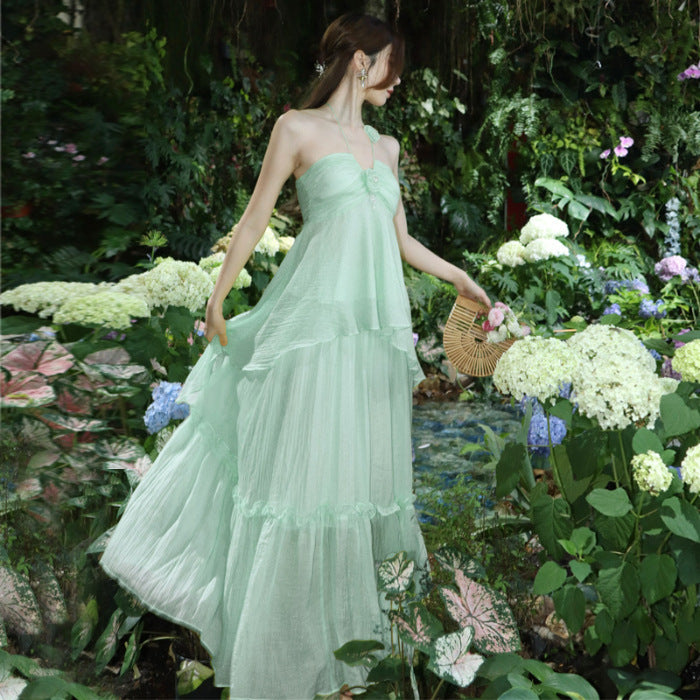 High-end Design French Chic Beach Dress Seaside Vacation Mint Mambo Green Halter Dress