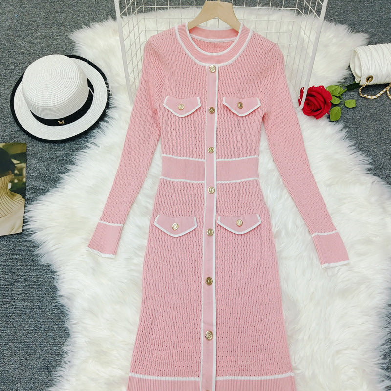 Contrast Color Four-pocket Slim Slimming Exquisite Dress