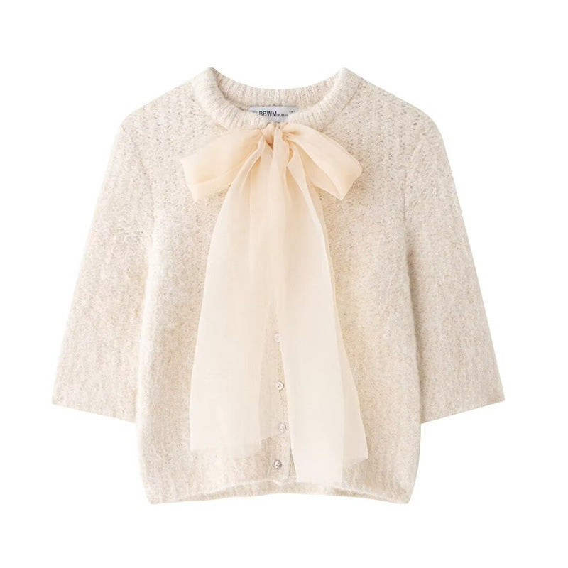 Transparent Organza Bowknot Decoration Short-sleeved Sweater
