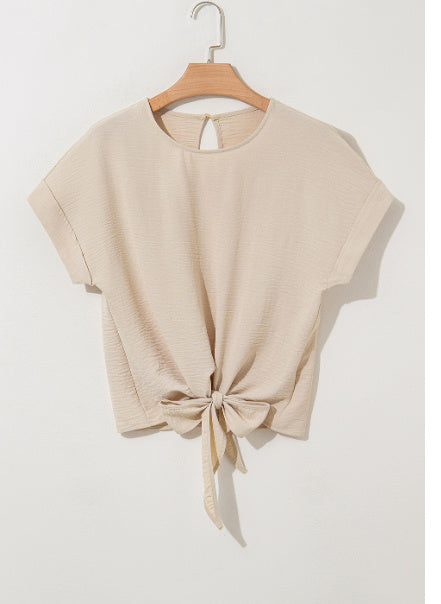 Parchment Solid Color Knotted Hem Short Sleeve Blouse