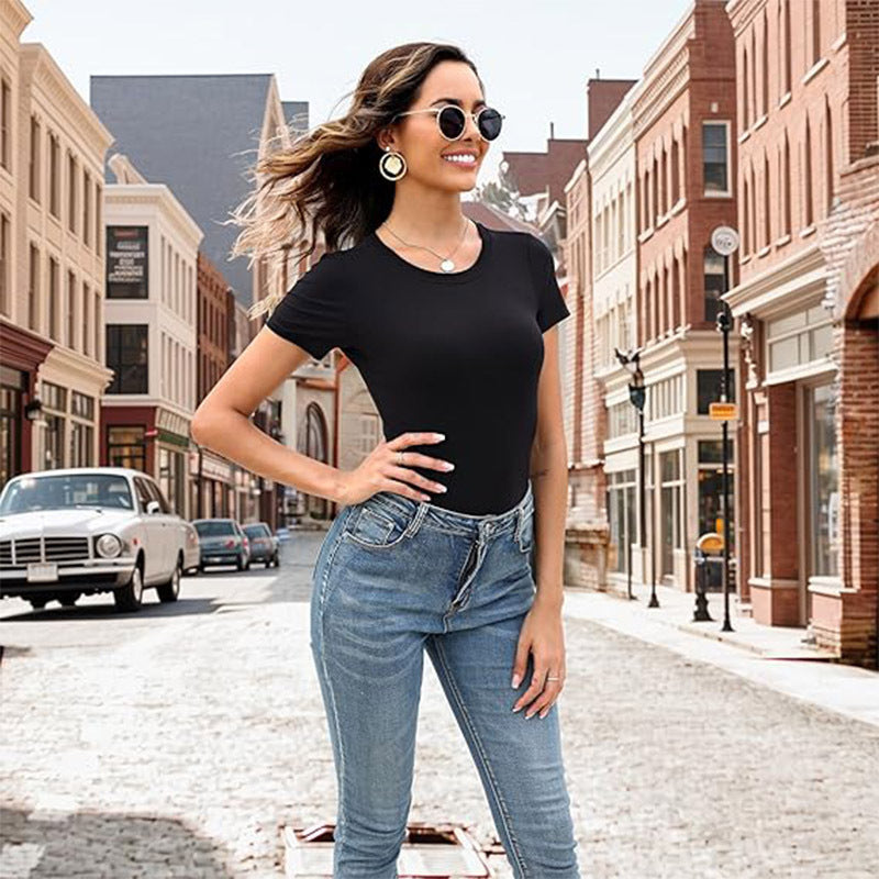Crew Neck Casual Stretch Basic One-piece T-shirt