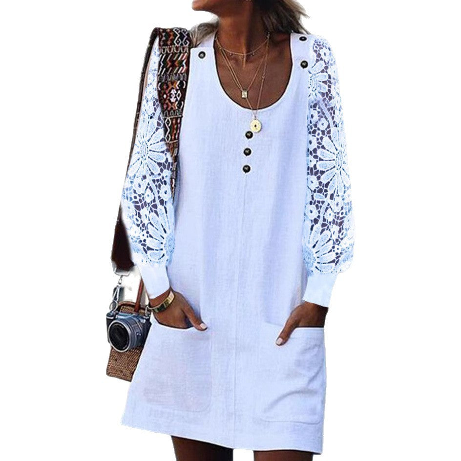 European And American Fashion Solid Color Hollow-out Long Sleeve U-neck Pocket Button Dress