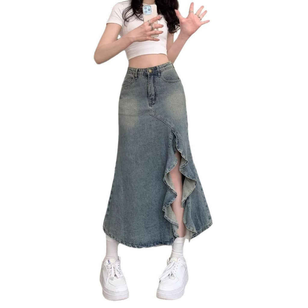 Irregularly Split Fishtail Denim Skirt