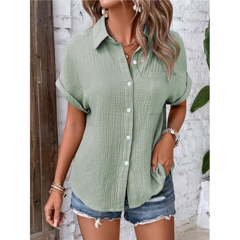 Summer New Women's Pure Cotton Shirt Solid Color Casual Button Shirt With Pocket
