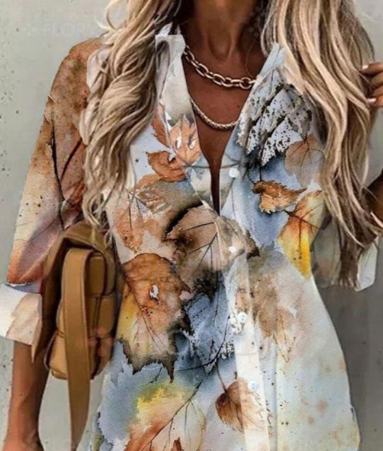 Spring And Summer New Fashionable Printed Collar Long Sleeved Shirt For Women