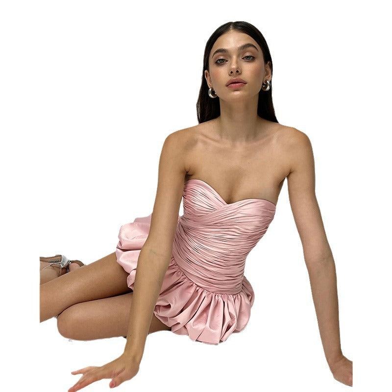 Elegant Pure Color Tube-top Off-the-shoulder Pleated Body Shaping Pettiskirt