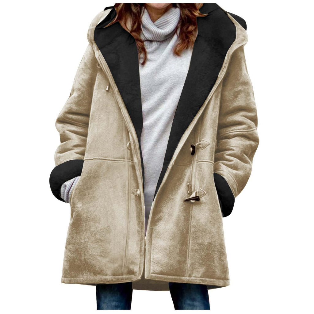 Suede Coat With Horn Buttons Fleece-lined For Warmth And Featuring Pockets