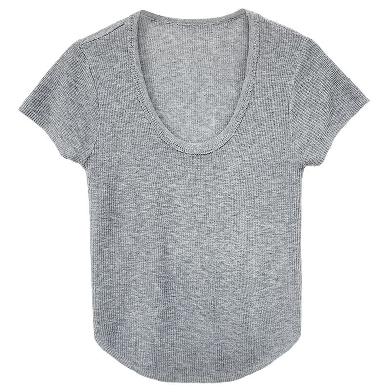 U-neck Shoulder Short Sleeved Women's Summer New Style Waist Cinching Slimming T-shirt