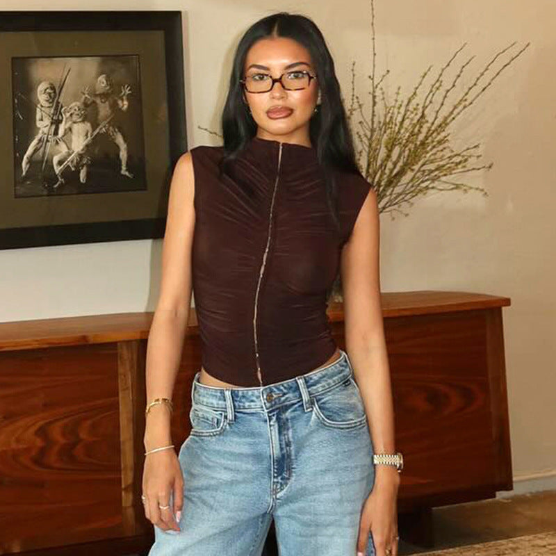 Pure Color Half Collar Breasted Pleated Slim Vest