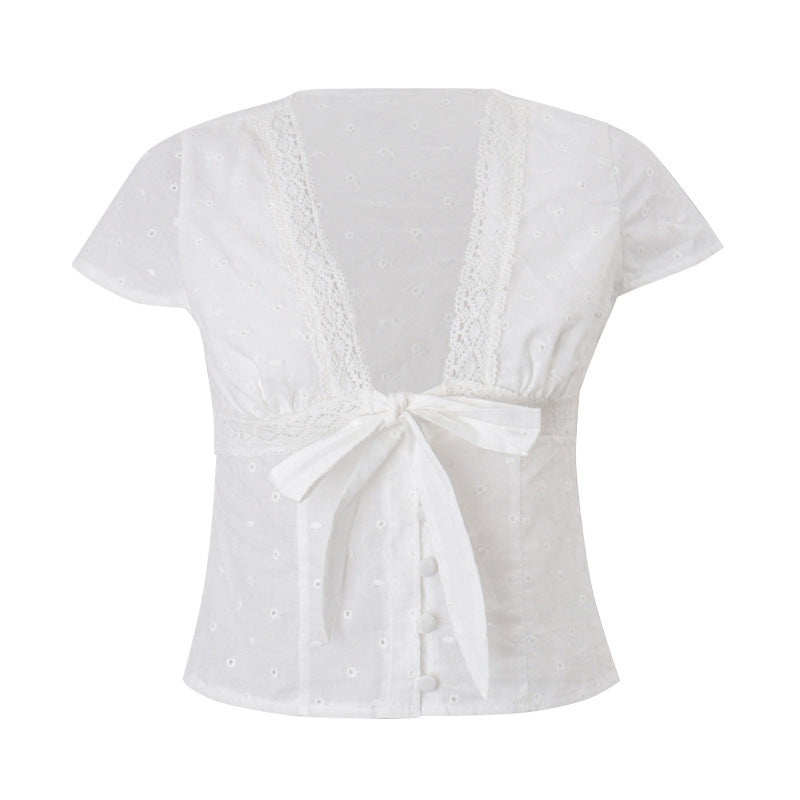 Gentle Lace V-neck All-matching Short Sleeve