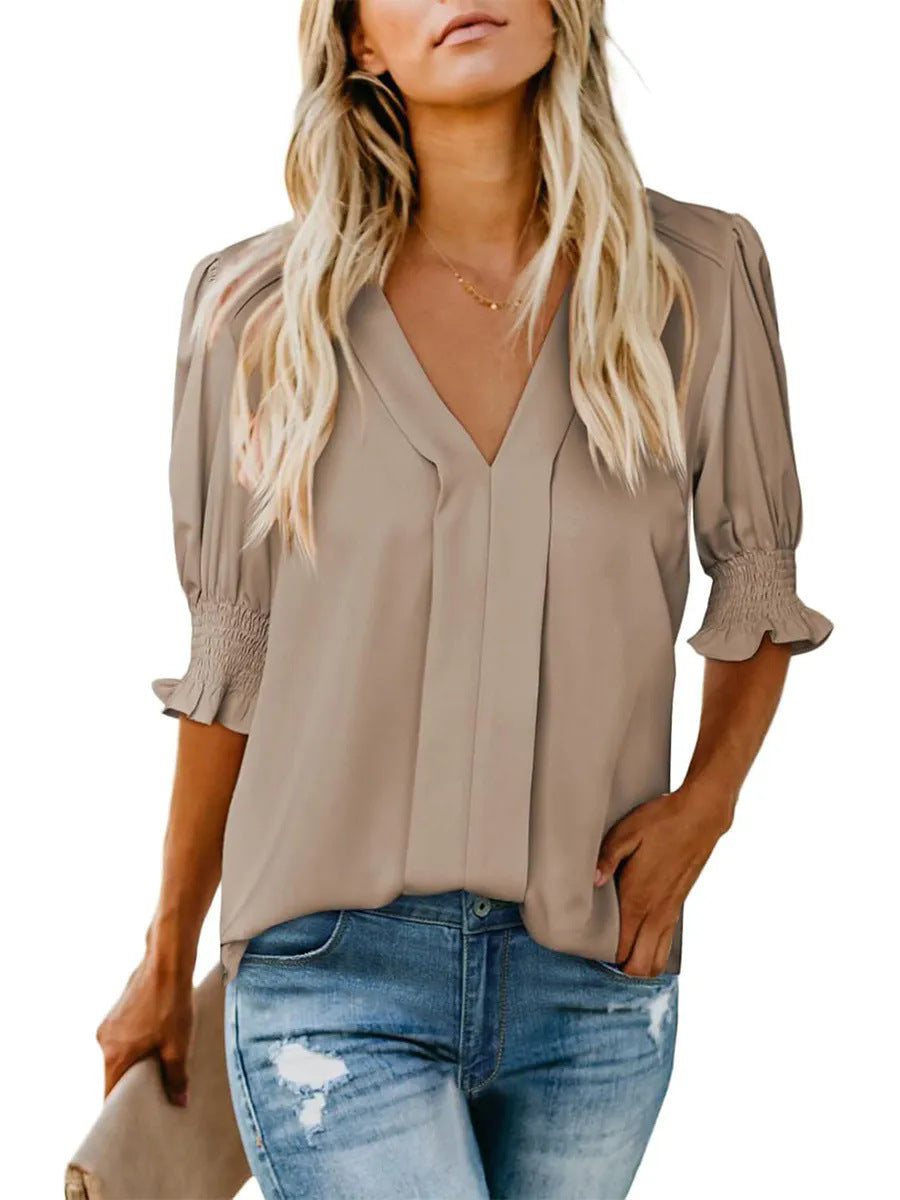 V-neck Short Sleeve Loose Comfortable Fashion Summer Solid Color Small Shirt European And American Style