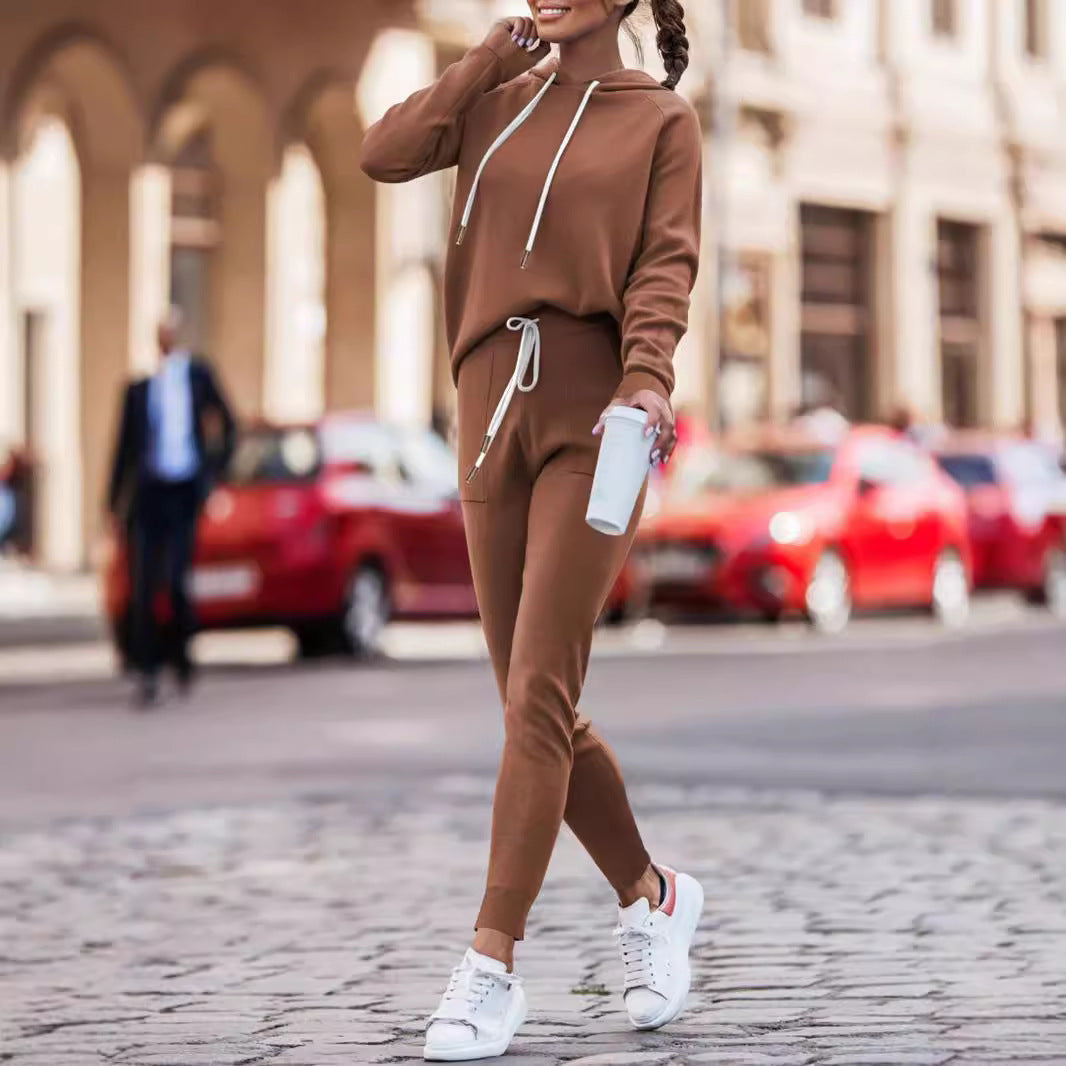 Hoodie With Drawstrings High Waist Trousers Casual Sweatshirt Two-piece Suit