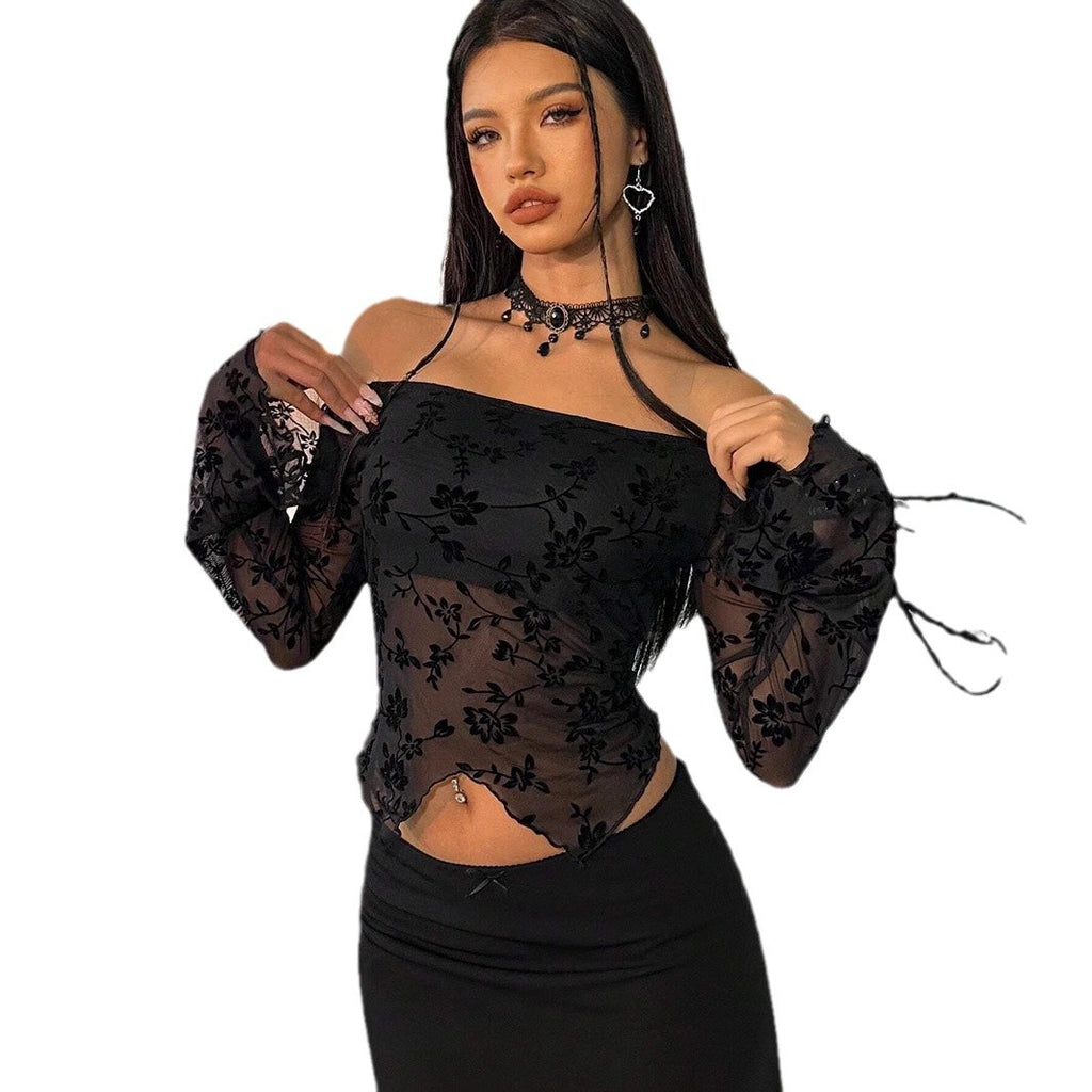 Womens Solid-Color Elegant Floral Mesh Off-the-Shoulder Flare-Sleeve Top