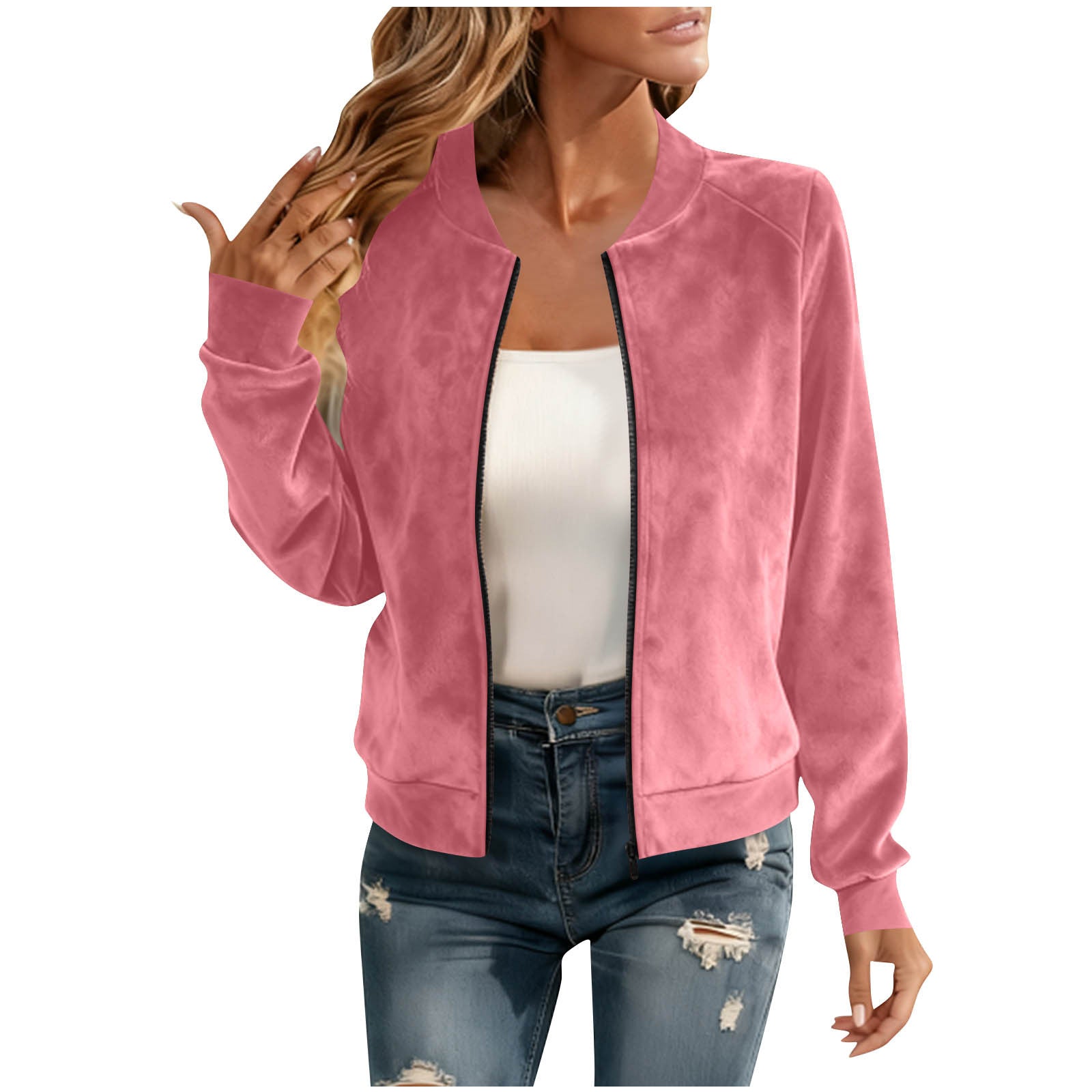 Round-neck Zip-up Deerskin-fleece Short Jacket