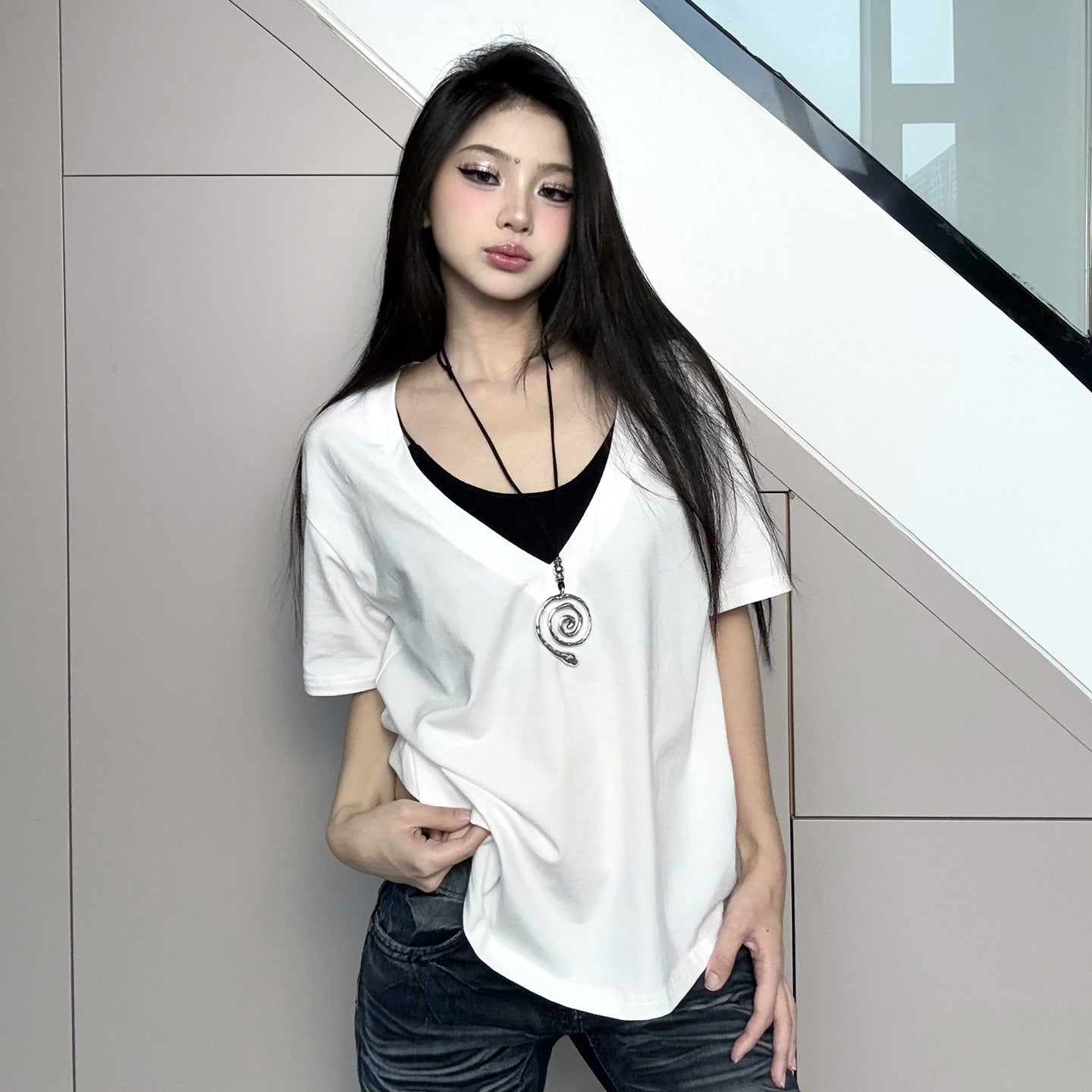 Women's Deep V-neck Short Sleeve Top Pullover Loose T-shirt