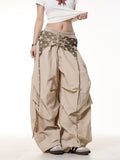 Relaxed Casual American-style Layered Design Cargo Pants With Tie Details