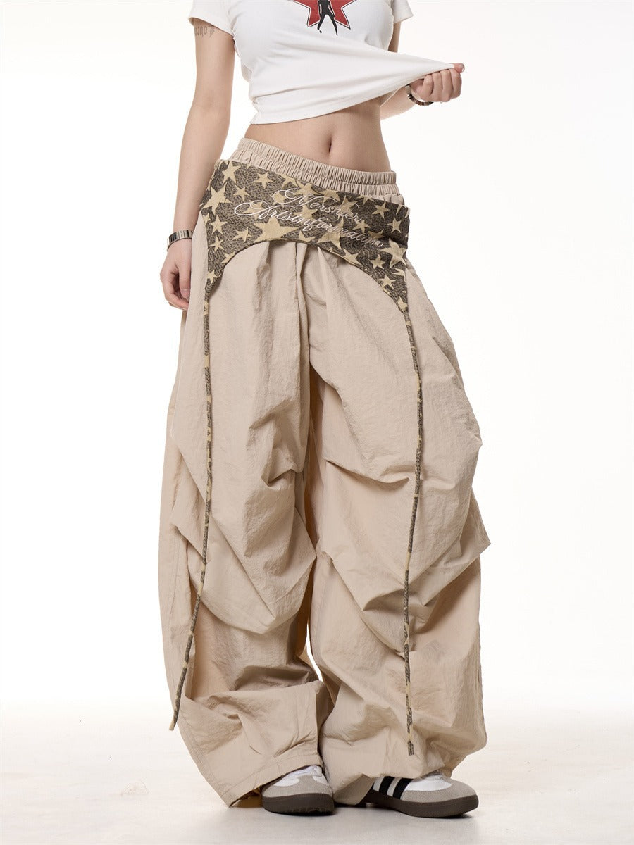 Relaxed Casual American-style Layered Design Cargo Pants With Tie Details