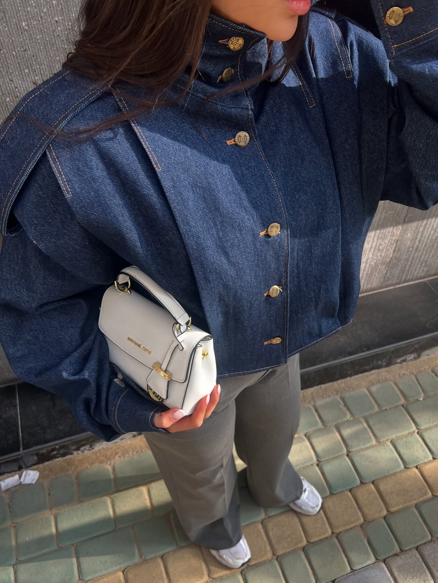 Dark Blue Denim Cropped Jacket With Gold Button Accents And Structured Shoulders