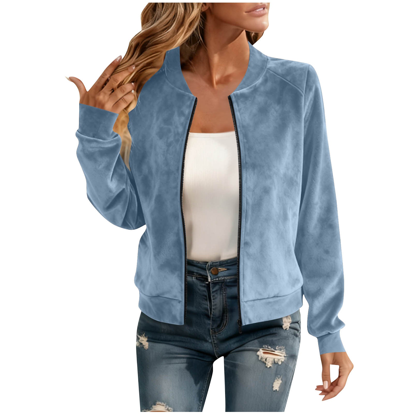 Round-neck Zip-up Deerskin-fleece Short Jacket