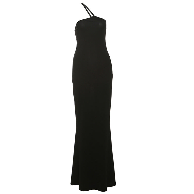 Graceful And Fashionable Sexy Solid Color Simple One Shoulder Backless Fishtail Dress