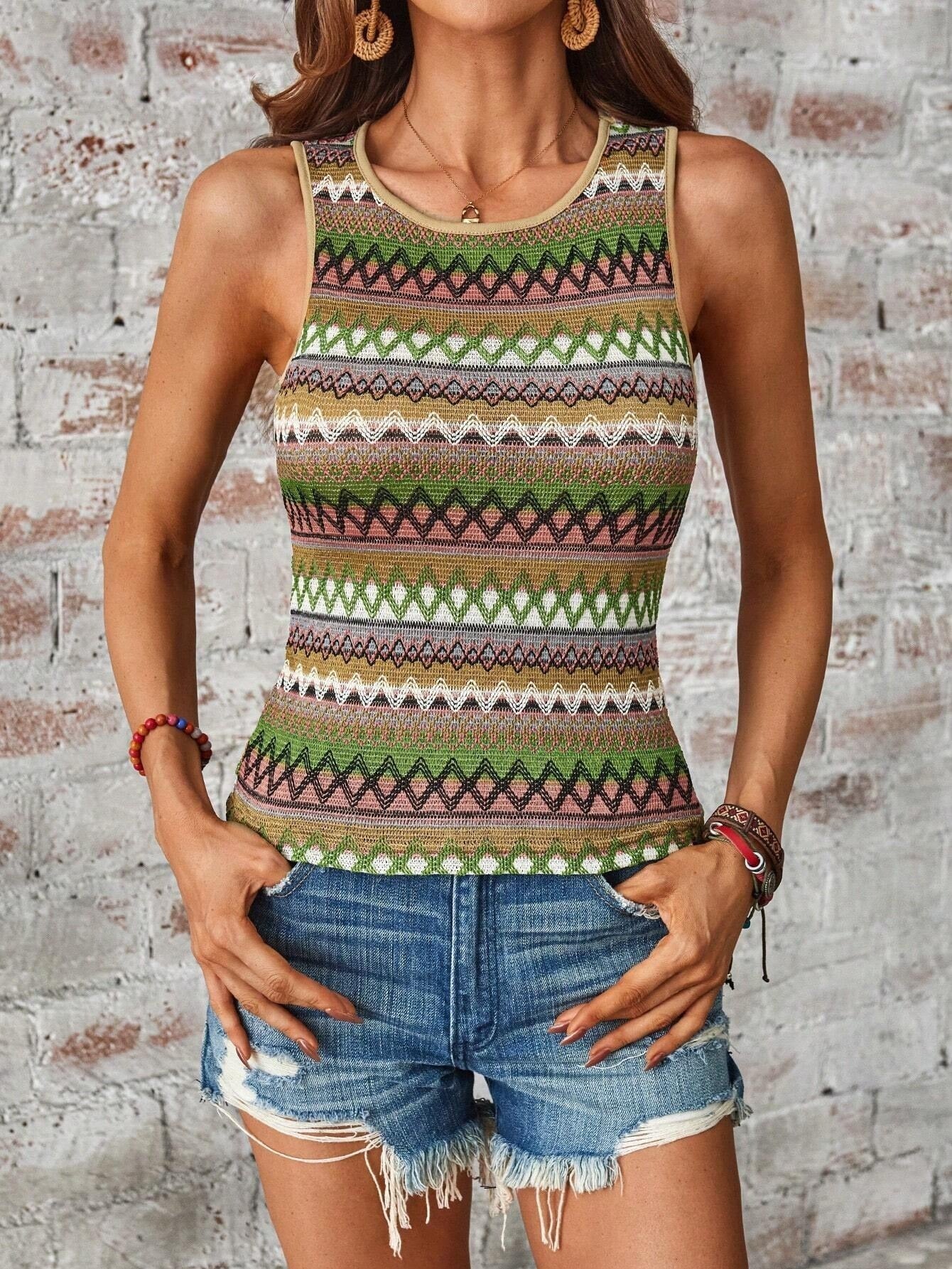 Women's Geometric Striped Garden Collar Vest