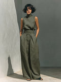 Womens Cotton-Linen Blend Sleeveless Top And Wide-Leg Pants Set