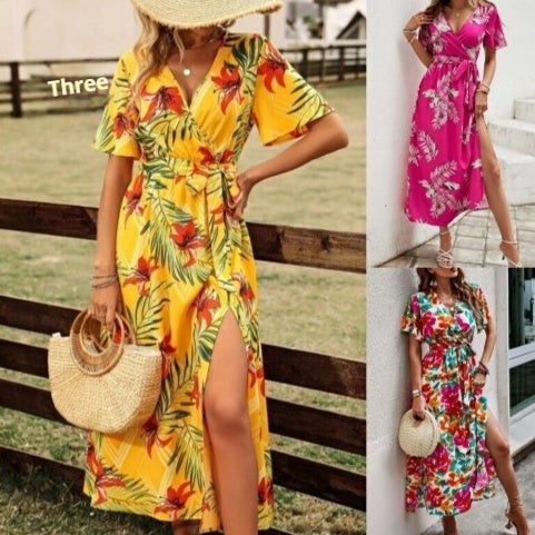 Summer Women's Printed Short Sleeve Dress V-neck Waist-slimming Long Dress