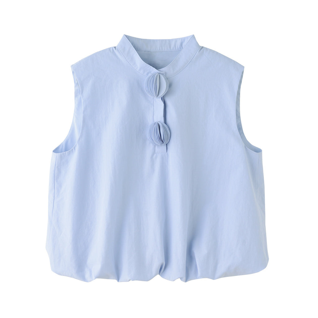 Women's Blue Cotton Blended Stand Collar Sleeveless Bud Vest