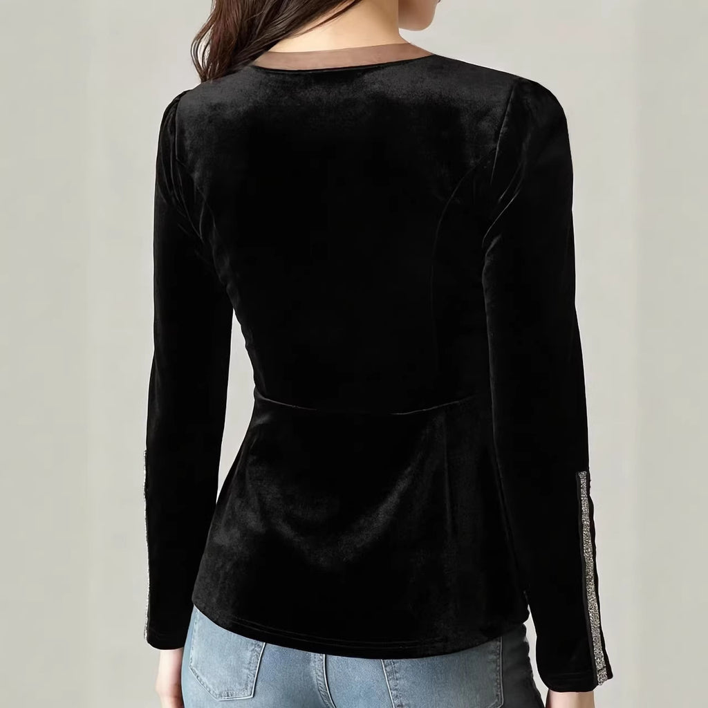 Black V-neck Figure-hugging Cinched-waist Velvet Top With Long Sleeves For Women