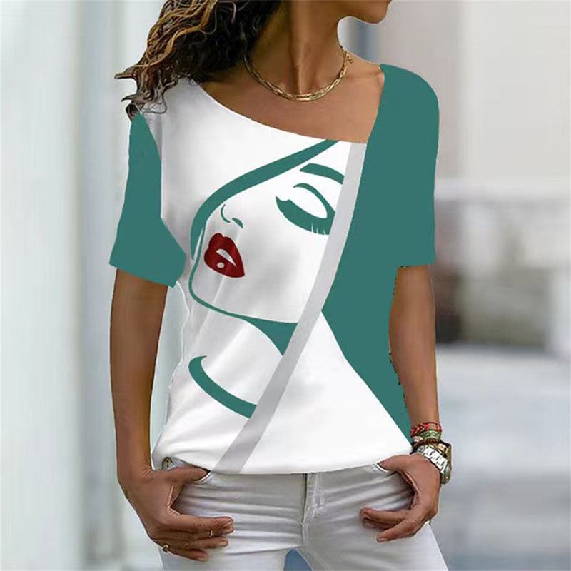 Women's Casual Diagonal Collar Short Sleeve