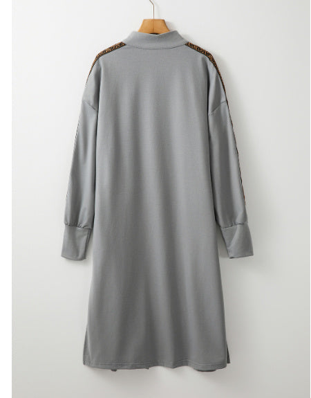 Medium Grey Aztec Accent Side Slit Open Front Long Cardigan