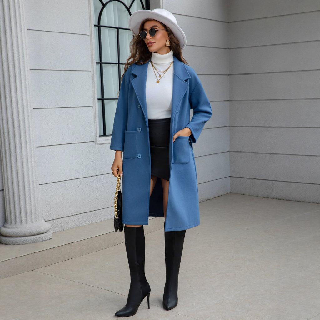Blue Waist-tie Mid-length Women's Wool Coat