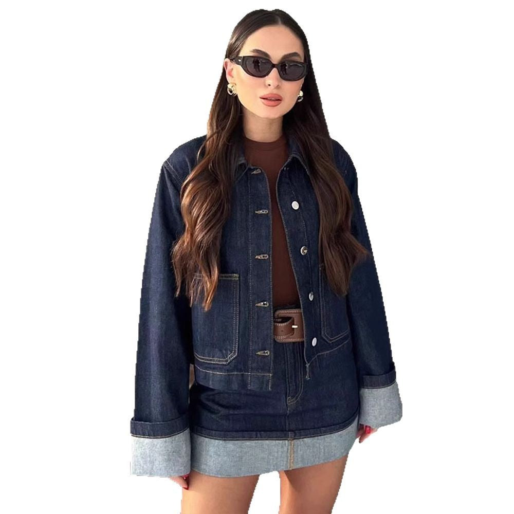 Vintage Denim Jacket Women's All-matching Short Polo Collar Jacket Top Skirt Suit