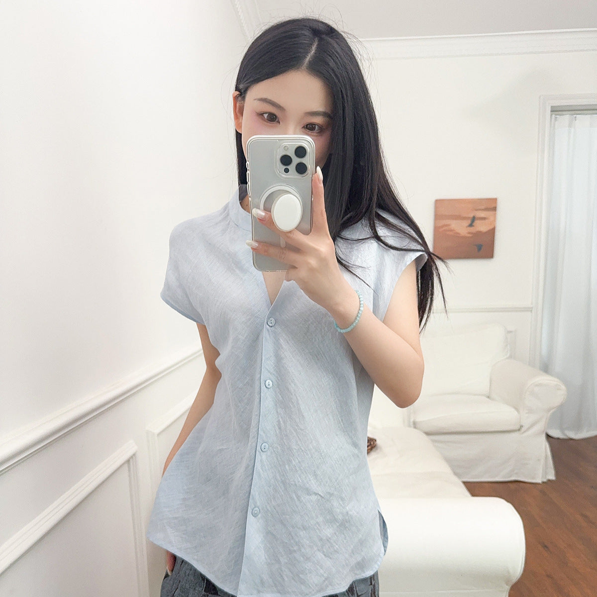 Minimalist Old Money Style Temperament Commute Style Pure Linen V-neck Sleeveless Shirt