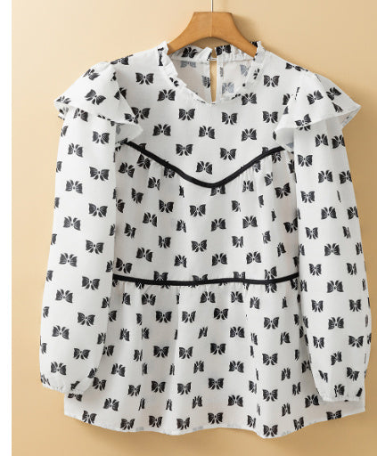 White Bow Knot Print Piping Trim Ruffled Crew Neck Blouse