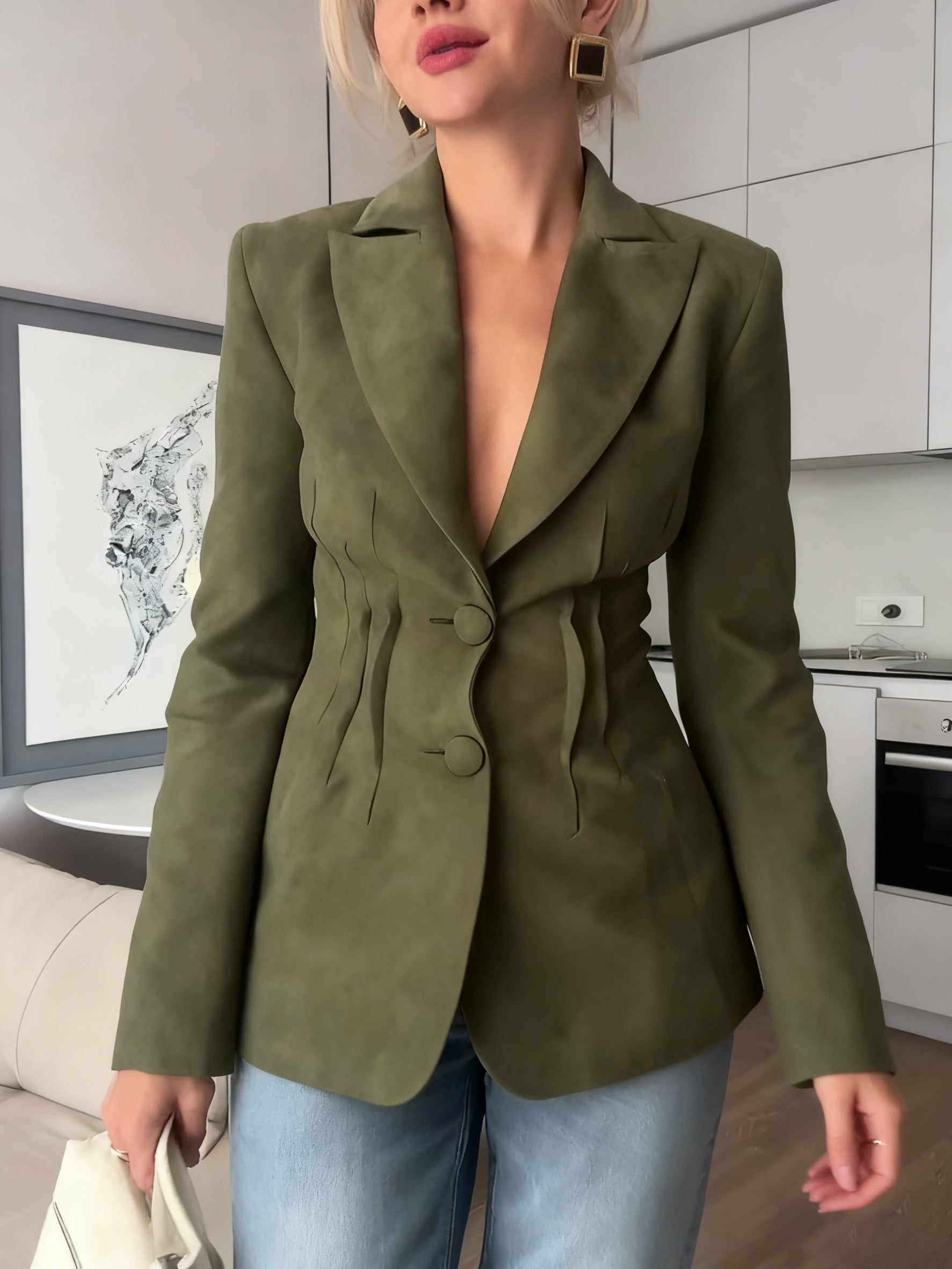 Olive Green Suede Blazer With Corset Detailing