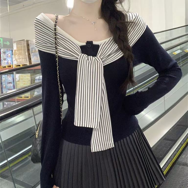 Fashion Striped Lace-up Long Sleeve T-shirt Women