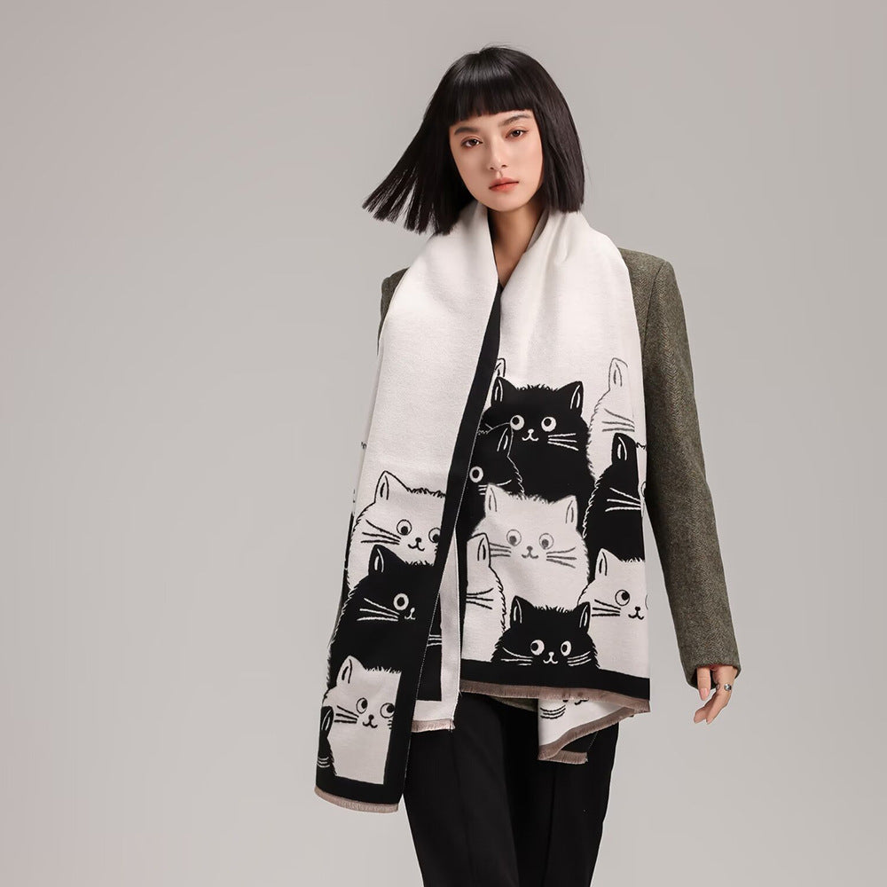 Double-sided Double-wear Student Faux Cashmere Scarf Cartoon Design For Autumn And Winter