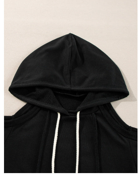 Black Exposed Seam Cold Shoulder Drawstring Hoodie