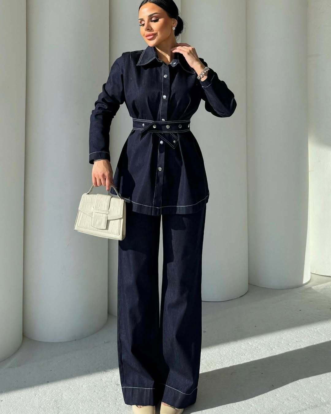 Womens Long-Sleeve Denim Jacket And Wide-Leg Jeans Two-Piece Set