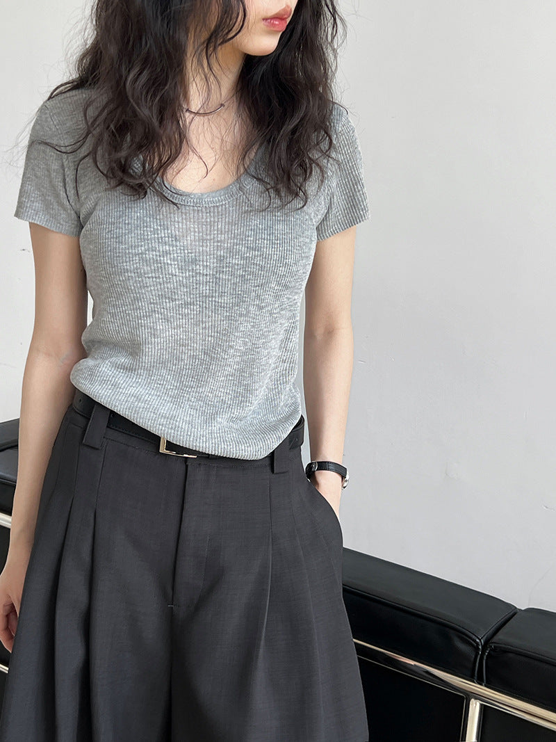 U-neck Shoulder Short Sleeved Women's Summer New Style Waist Cinching Slimming T-shirt