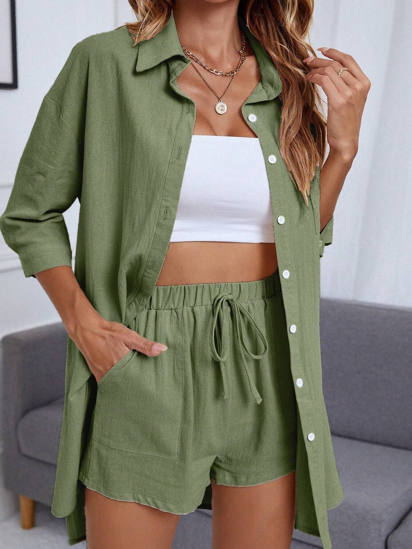 New Fashion Single-breasted Shirt Solid Color Casual Loose Outfit Women